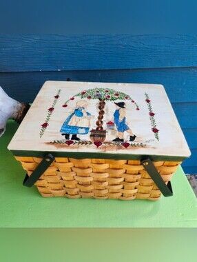 Vintage Tole Painted Woven Picnic Basket Wood Folk Artist Signed 2000 Rare HTF